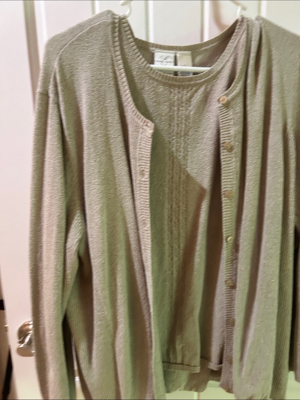 Liz Claiborne Taupe Two-Piece Cardigan and Shell Set.